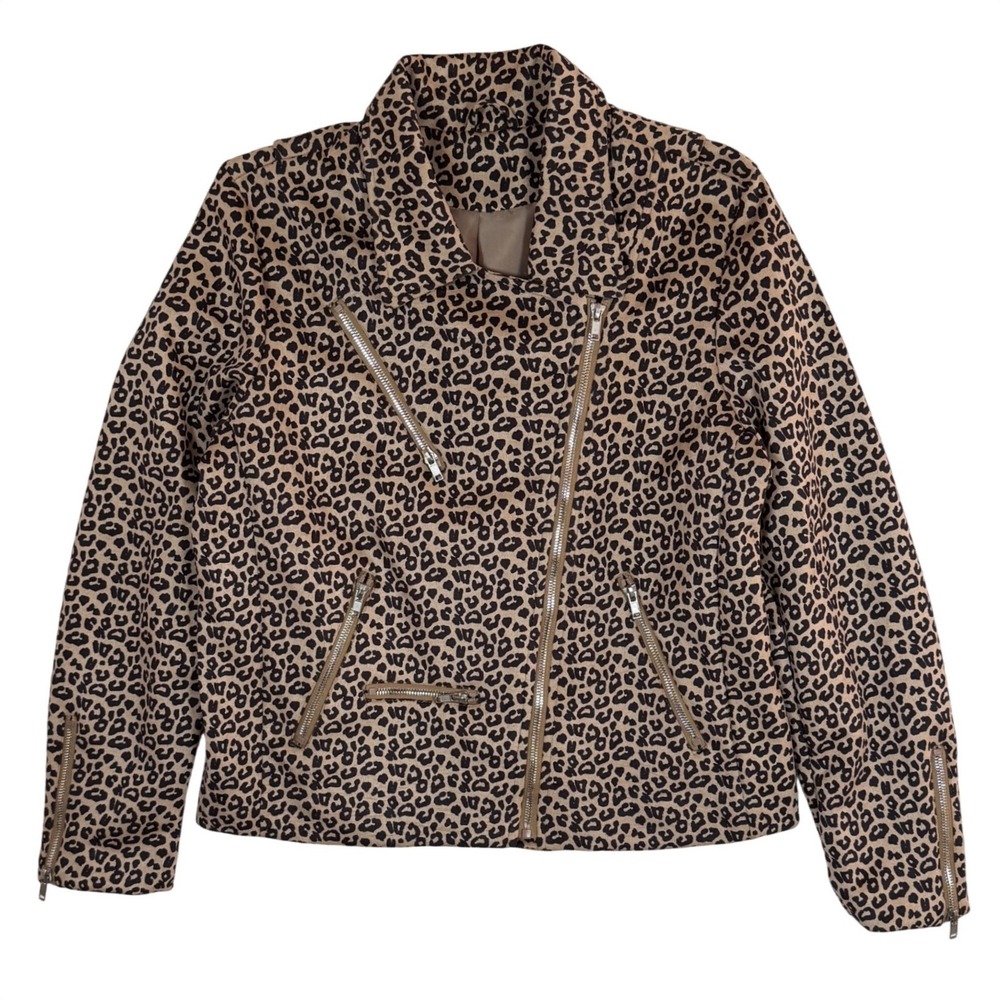 Women's Leopard Print Moto Biker Jacket Tan Black Zip Up Faux Suede Size L